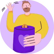 Money sent direct to your account. Illustration of a man putting a coin in a money pot